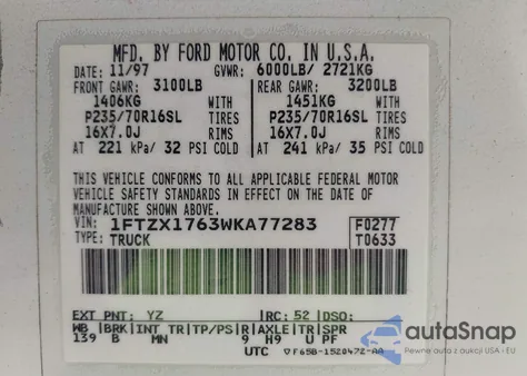 1998 Ford F-150 Lariat/Standard/Xl/Xlt из США, поврежденный, VIN 1FTZX1763WKA77283